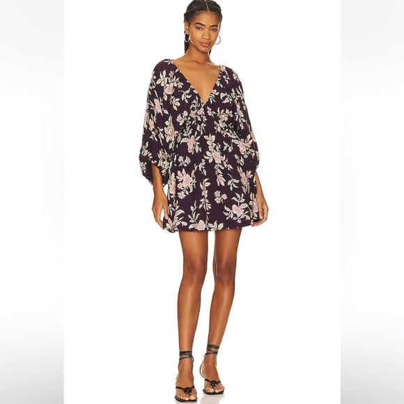 Free People Portia Linen Mini Dress in BlackBerry Womens Size Small NEW - Picture 1 of 11